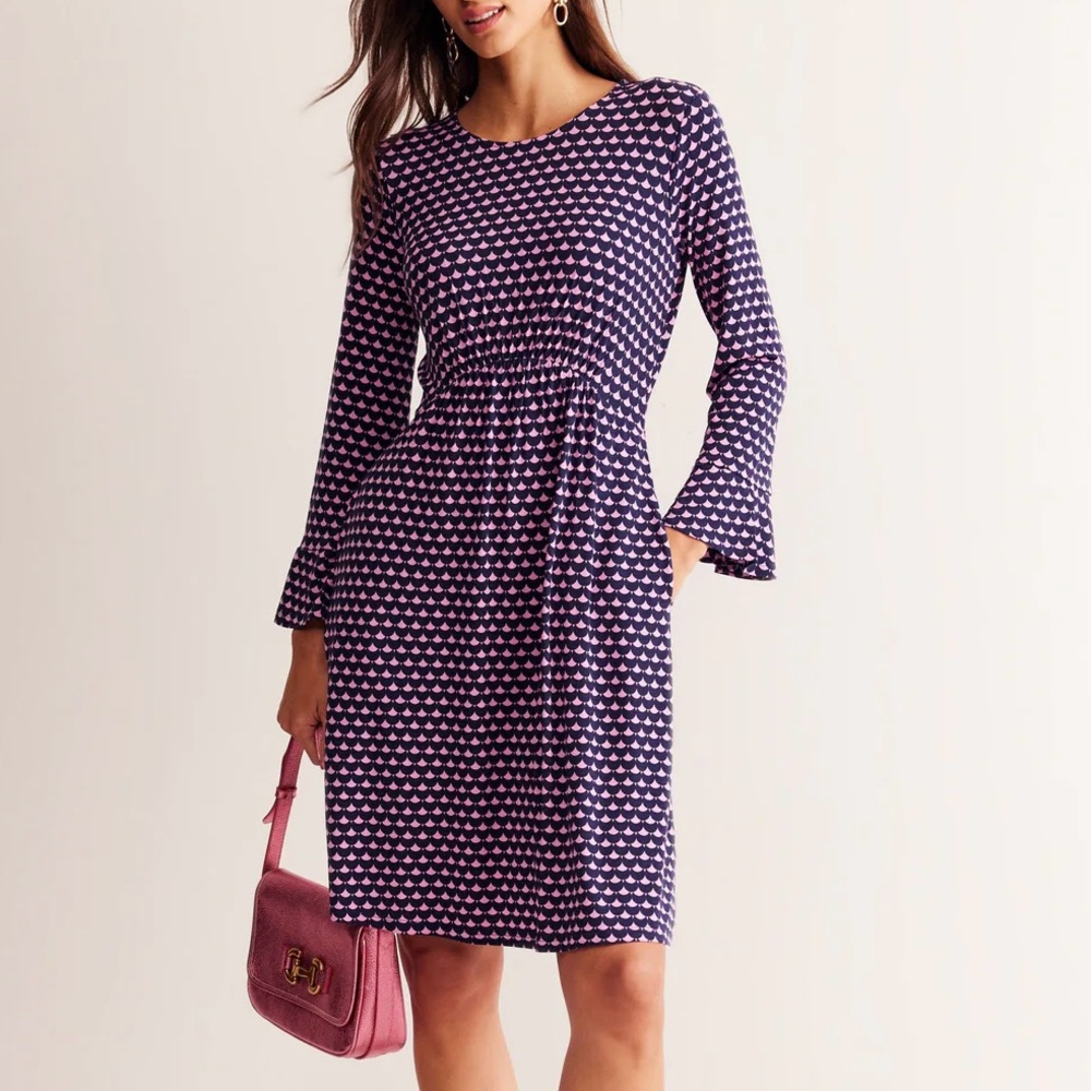 Boden Flute Sleeve Printed Jersey Dress Maternity Friendly Navy Pink Sz 4